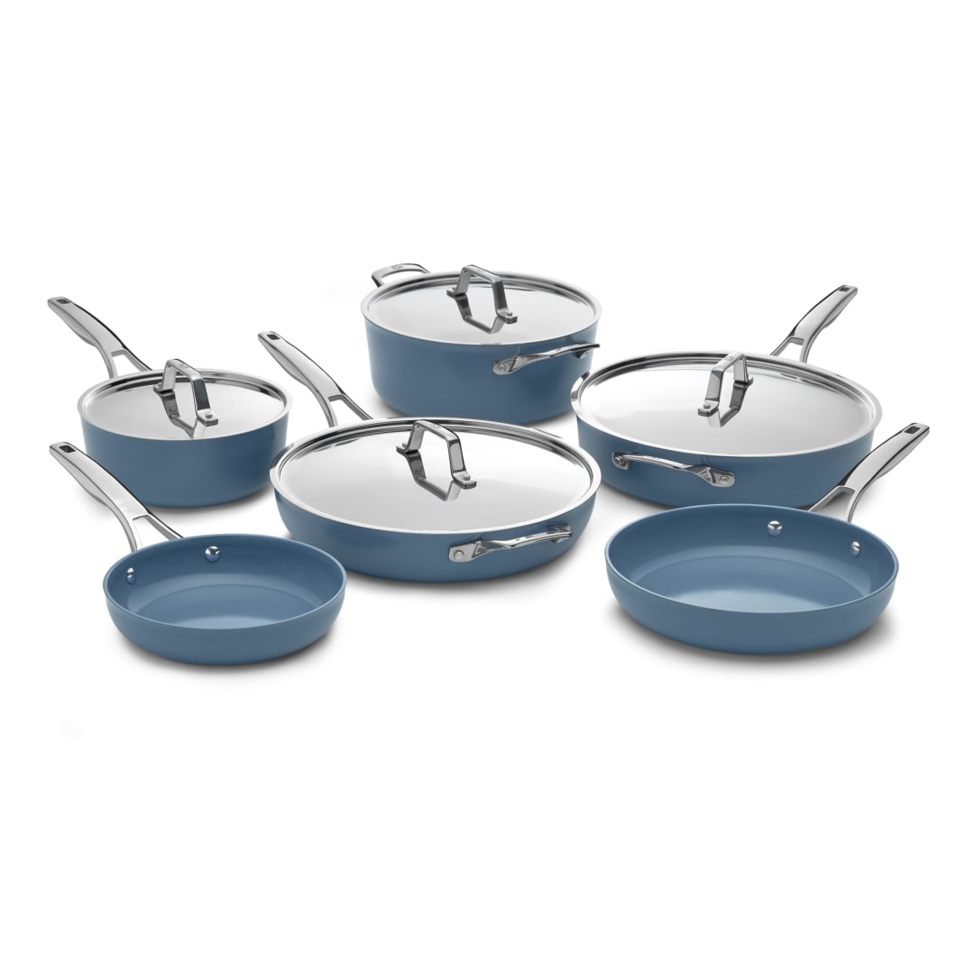 Calphalon Premier Ceramic Nonstick 10 Piece Cookware Set, Durable Pots and Pans for Everyday Cooking, Long Lasting PFAS-Free Kitchen Set, Dishwasher Safe, Macaron