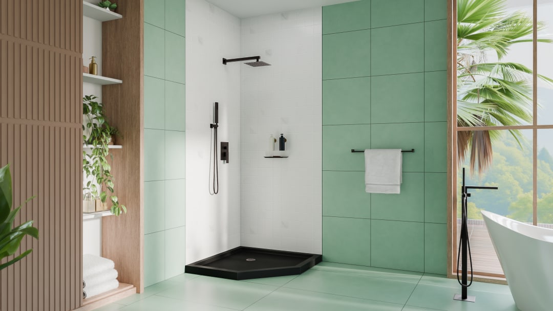 DreamLine SlimLine 36 inch D x 36 inch W x 2 3/4 inch H Black Neo-Angle Shower Base with 2 inch Oil Rubbed Bronze Corner Round Drain