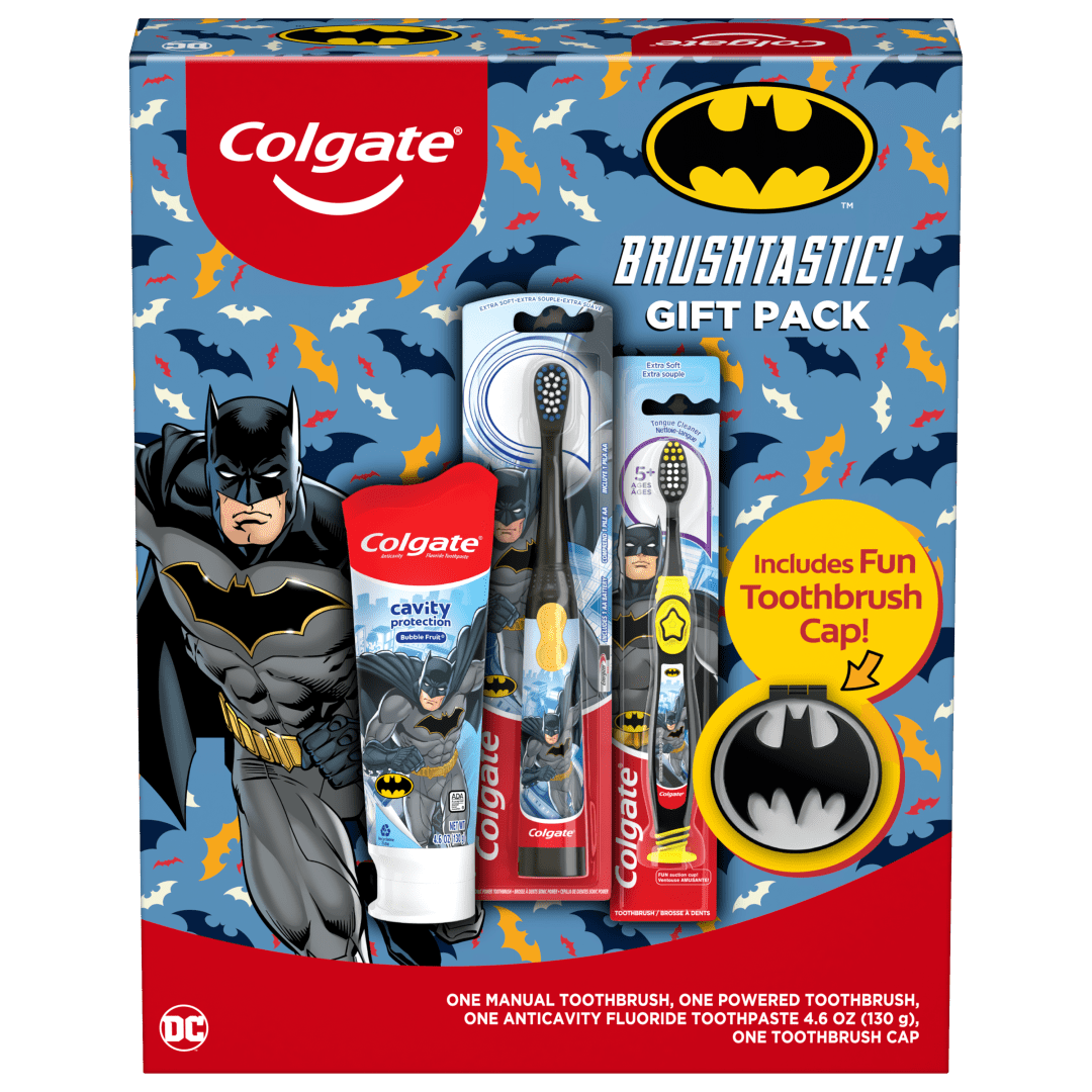 Colgate Kids Toothbrush Set with Toothpaste, Batman Gift Set, 1 manual toothbrush, one powered tootbrush and one Toothpaste