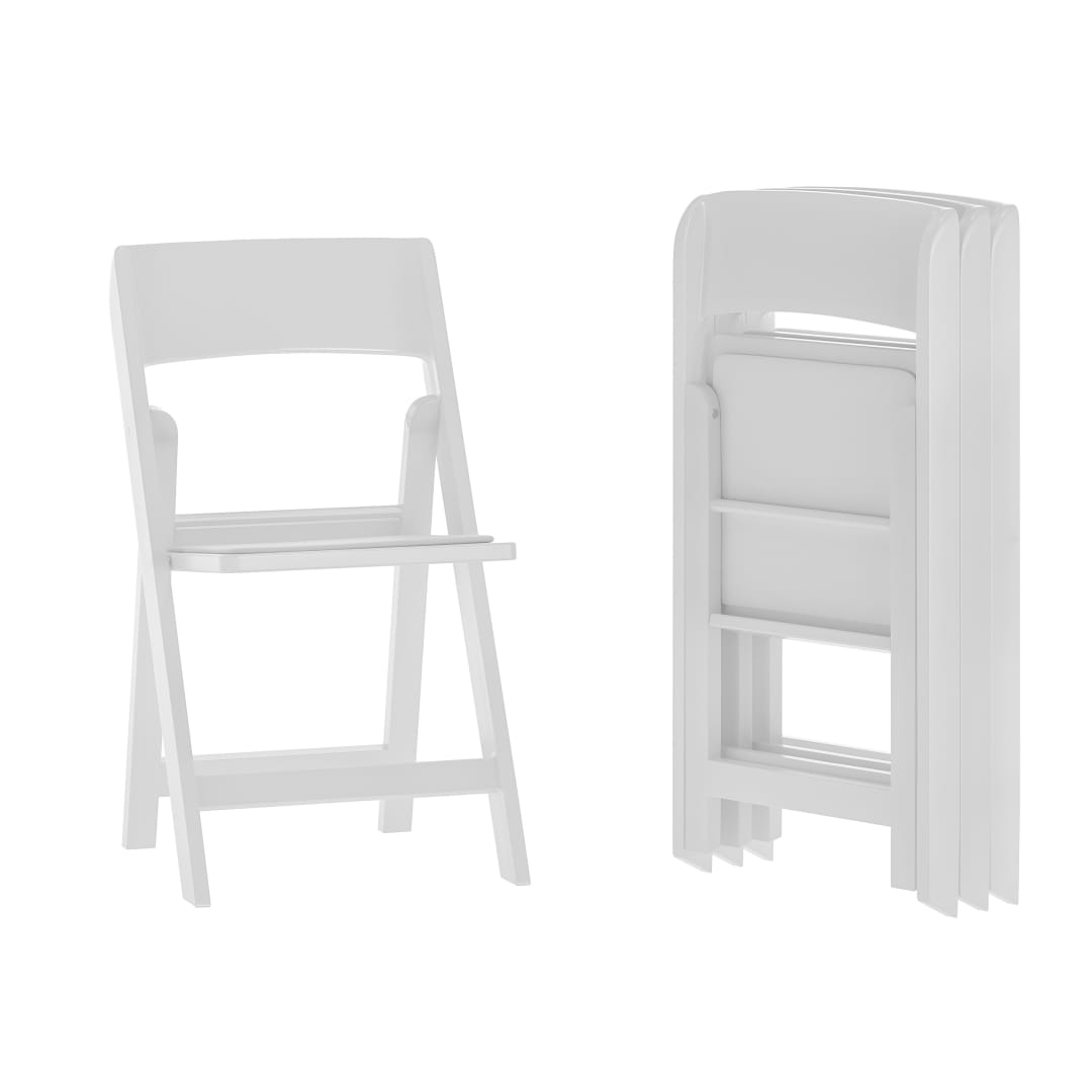 Hercules Tucker Set of 4 White Lightweight Foldable Chairs with Removable White Vinyl Padded Seats for Indoor Outdoor Use
