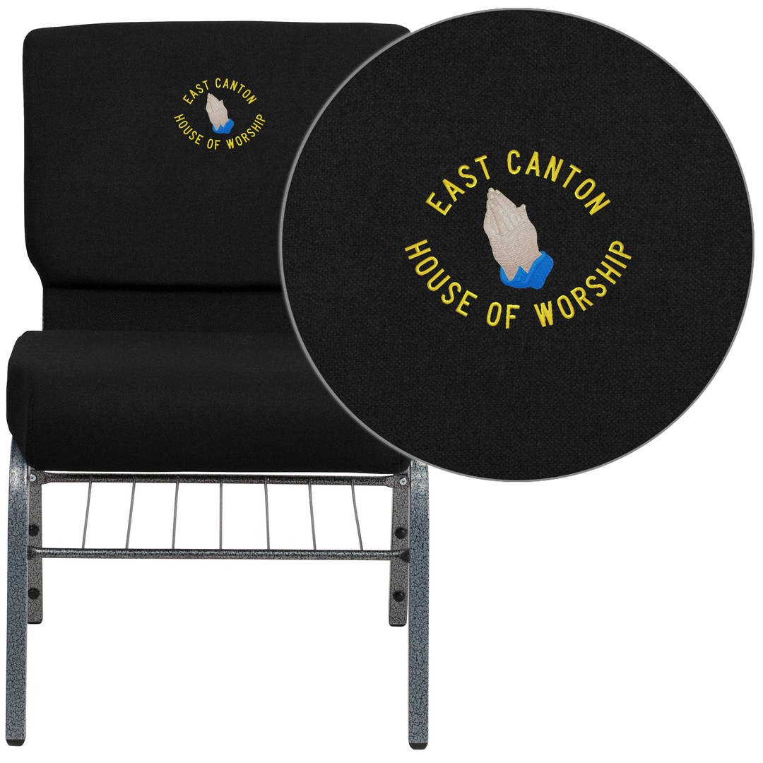 Embroidered HERCULES Series 21''W Church Chair in Black Fabric with Book Rack - Silver Vein Frame