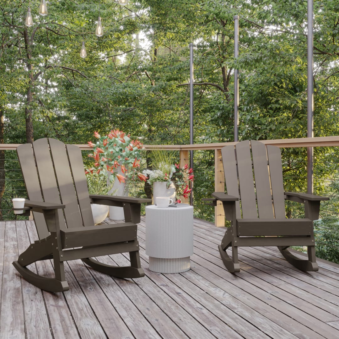 Newport Adirondack Rocking Chair with Cup Holder, Weather Resistant HDPE Adirondack Rocking Chair in Brown, Set of 2