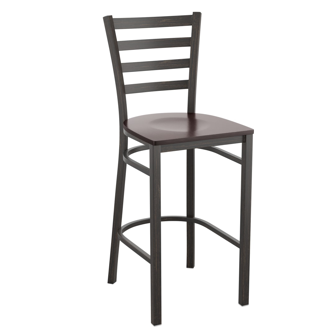 HERCULES Series Distressed Gold Ladder Back Metal Restaurant Barstool - Walnut Wood Seat
