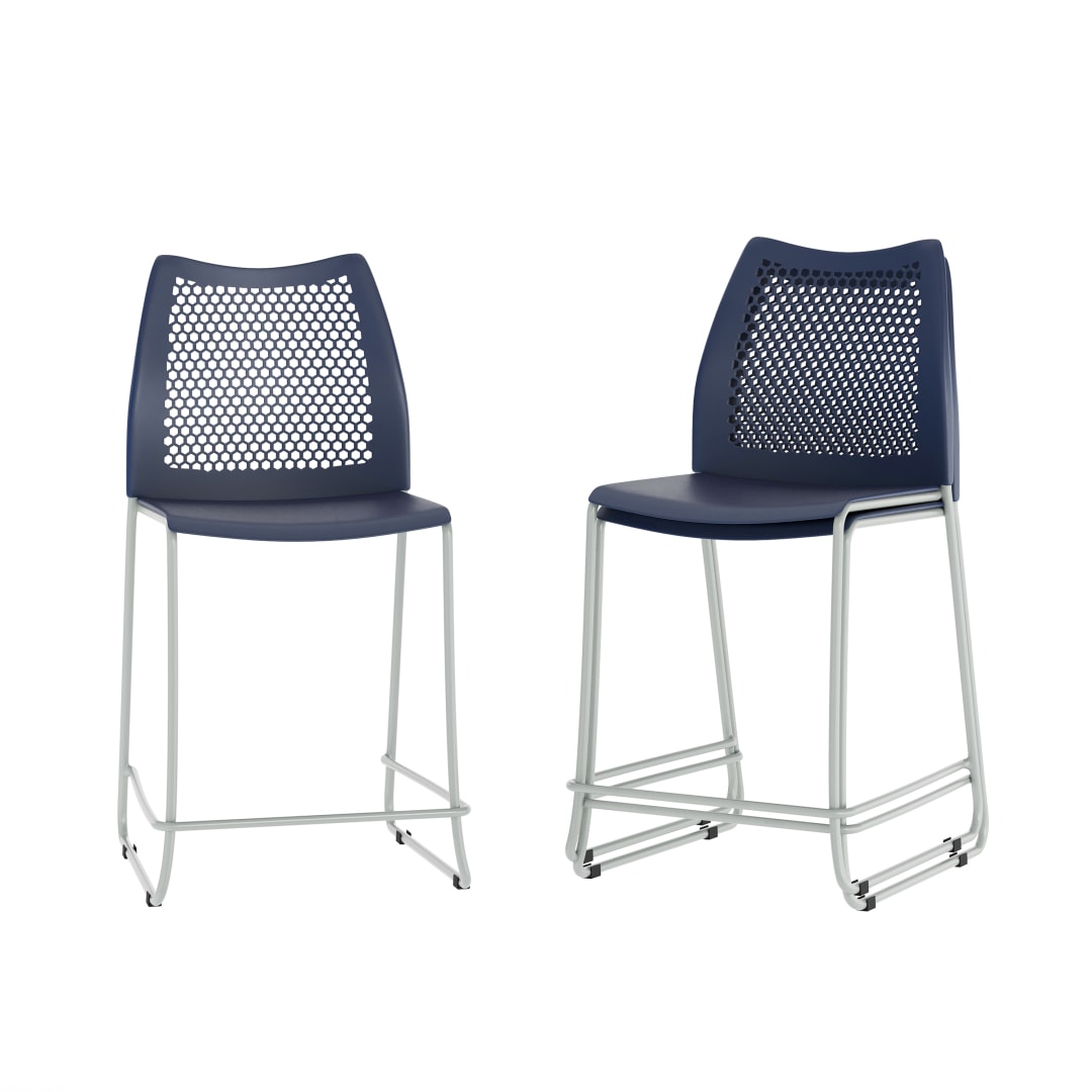 3 Pack HERCULES Series Navy Stack Counter Stool with Air-Vent Back and Gray Powder Coated Sled Base