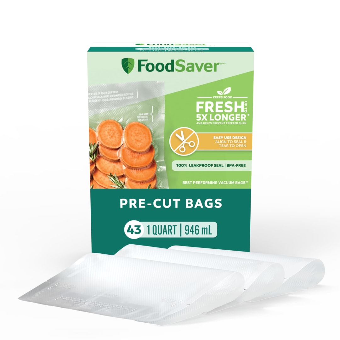 FoodSaver Quart Vacuum Seal Bags, 43 Count Pre-Cut BPA-Free Freezer Bags, Align to Seal & Tear to Open for Food Storage, Sous Vide, and Meal Prep