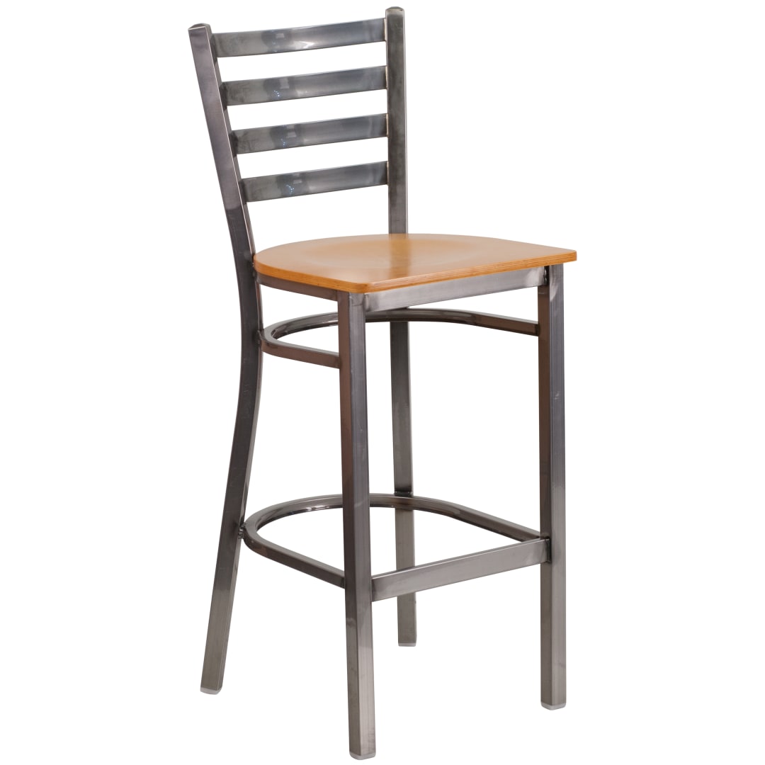 HERCULES Series Silver Antique Finish with Clear Coat Ladder Back Metal Restaurant Barstool - Natural Wood Seat
