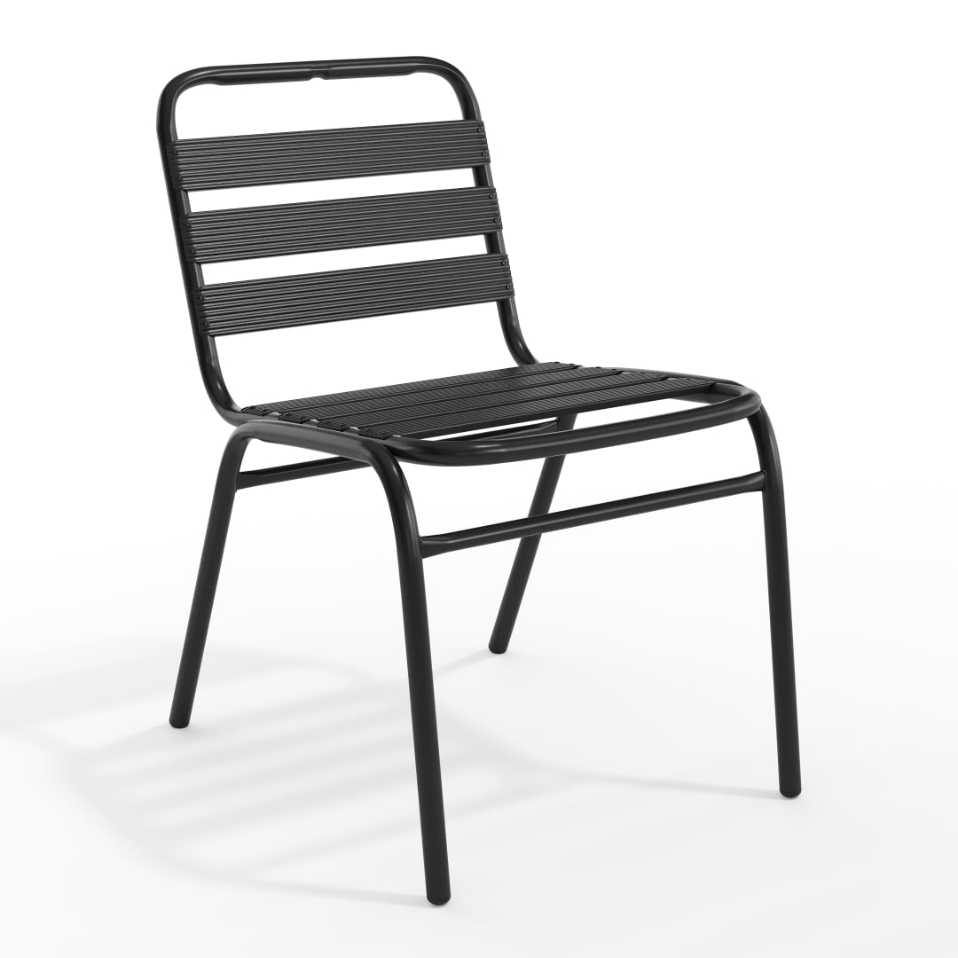 Lila Commercial Black Metal Indoor-Outdoor Restaurant Stack Chair with Metal Triple Slat Back