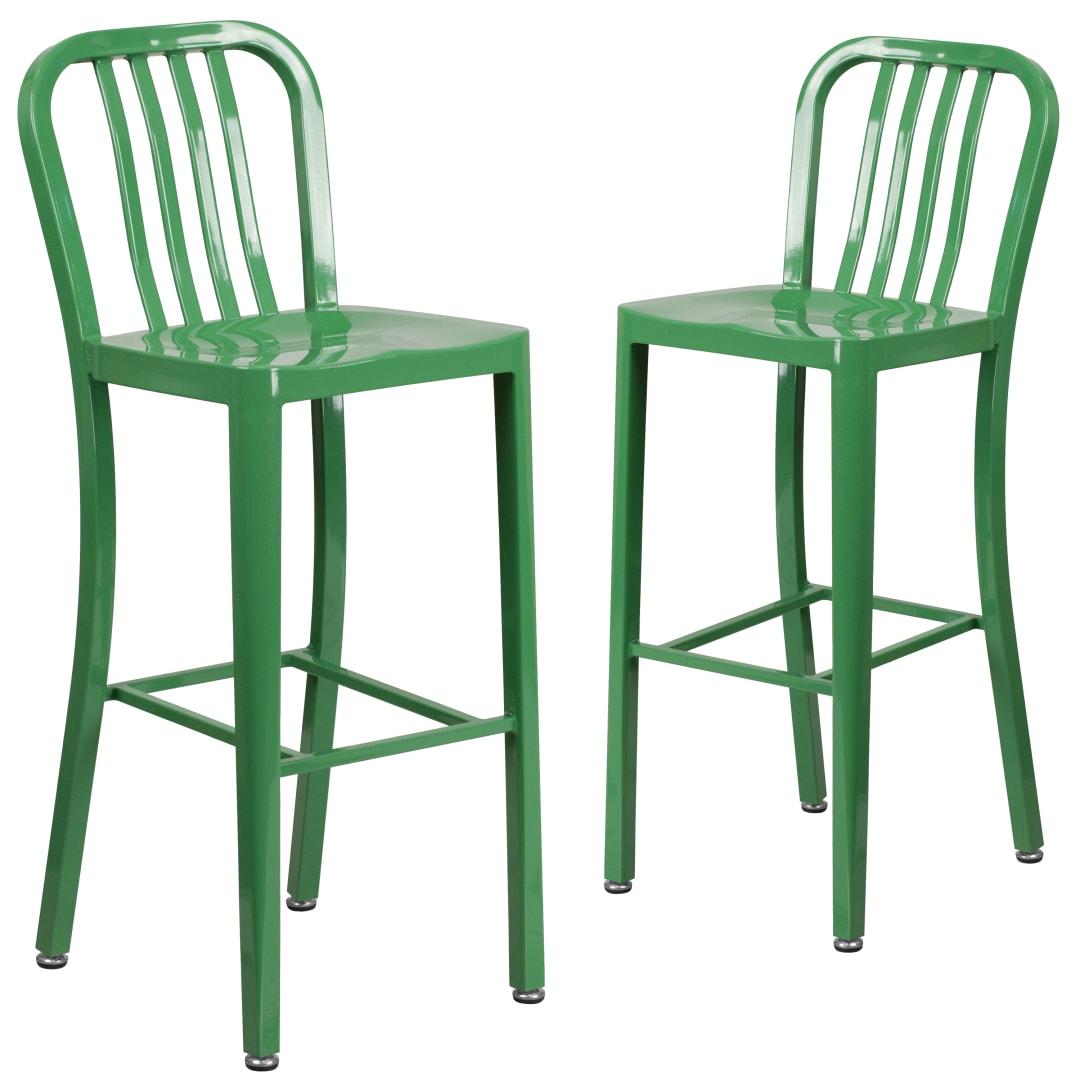 Gael Commercial Grade 2 Pack 30" High Green Metal Indoor-Outdoor Barstool with Vertical Slat Back