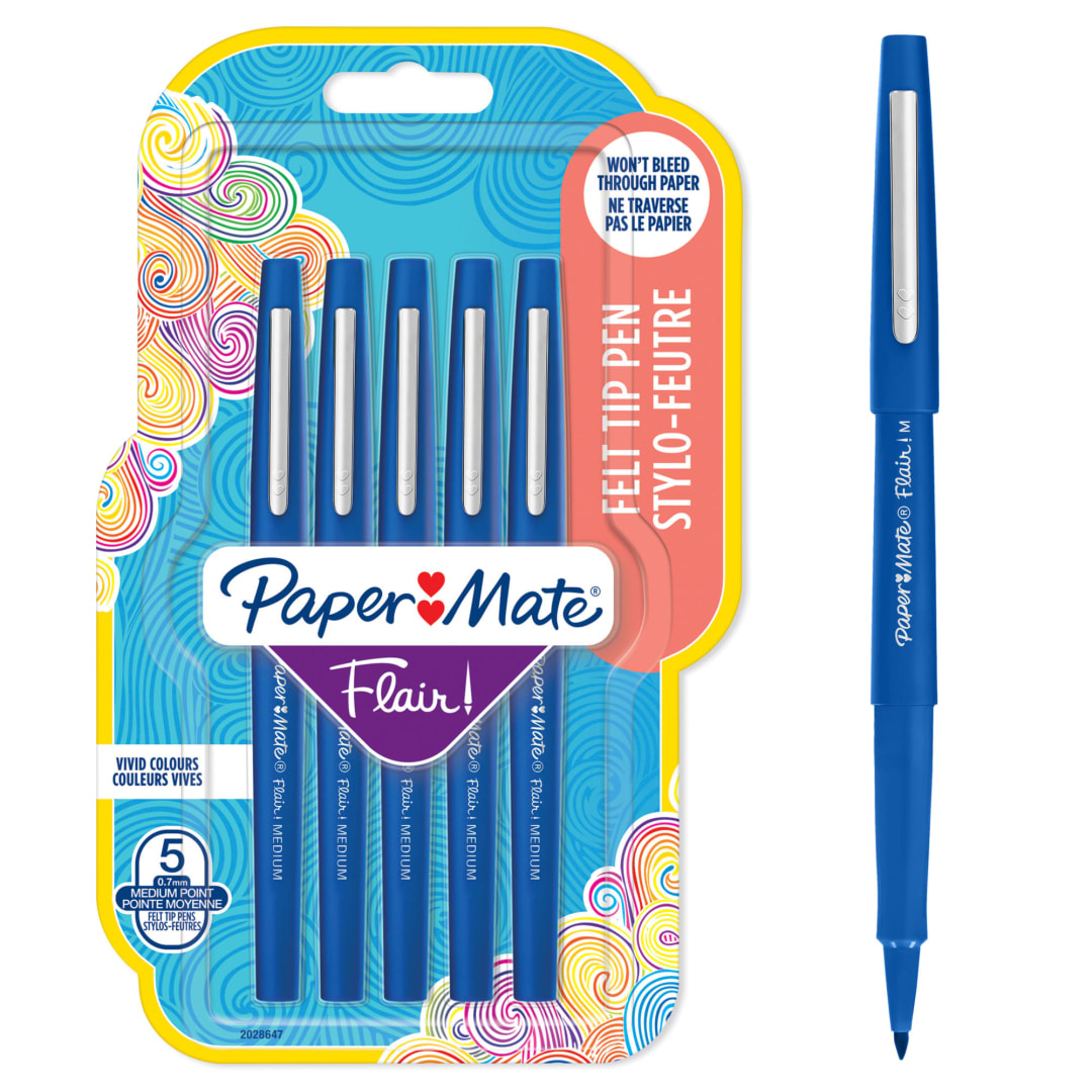 Paper Mate® Flair Felt Tip Pens | Medium Point (0.7mm) | Blue | 5 Count