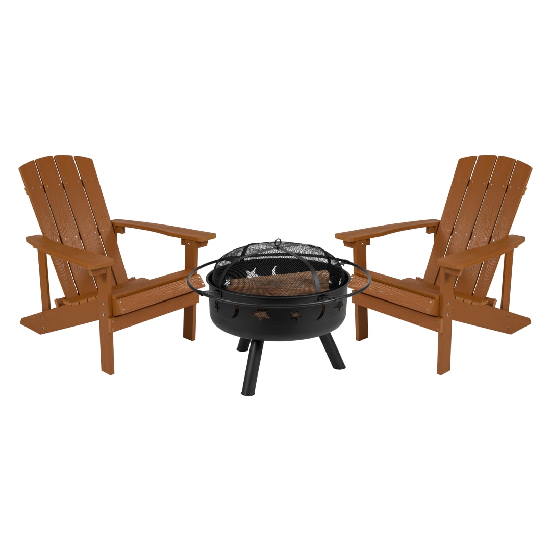 3 Piece Charlestown Teak Commercial Poly Resin Wood Adirondack Chair Set with Fire Pit - Star and Moon Fire Pit with Mesh Cover