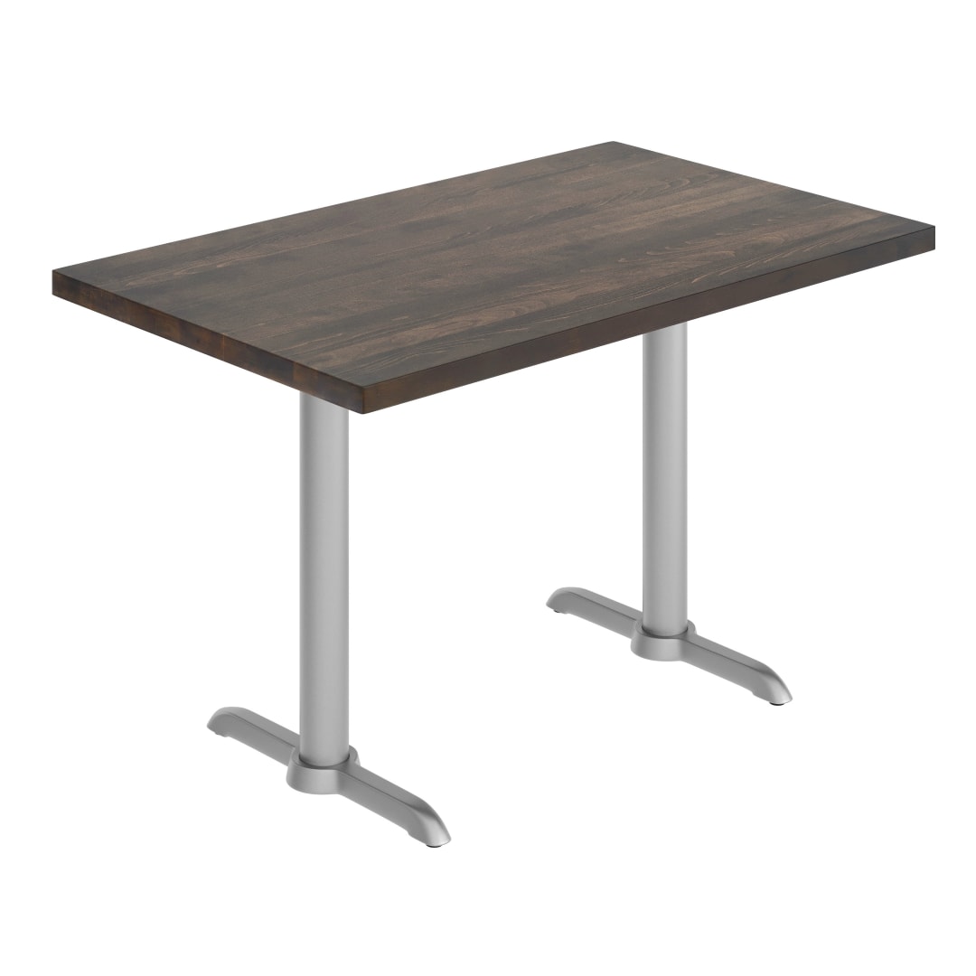 Bennett 30" x 48" Solid Wood Commercial Indoor Tabletop in Dark Brown with Dual 5" x 22" Dining Height Rust-Resistant Silver Cast Iron T-Bases