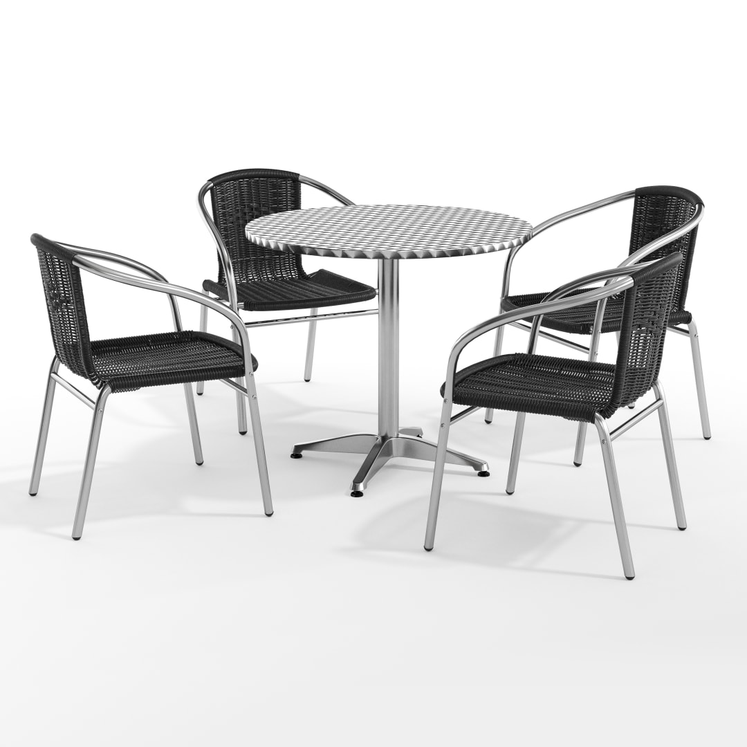 Lila 31.5'' Round Aluminum Indoor-Outdoor Table Set with 4 Black Rattan Chairs