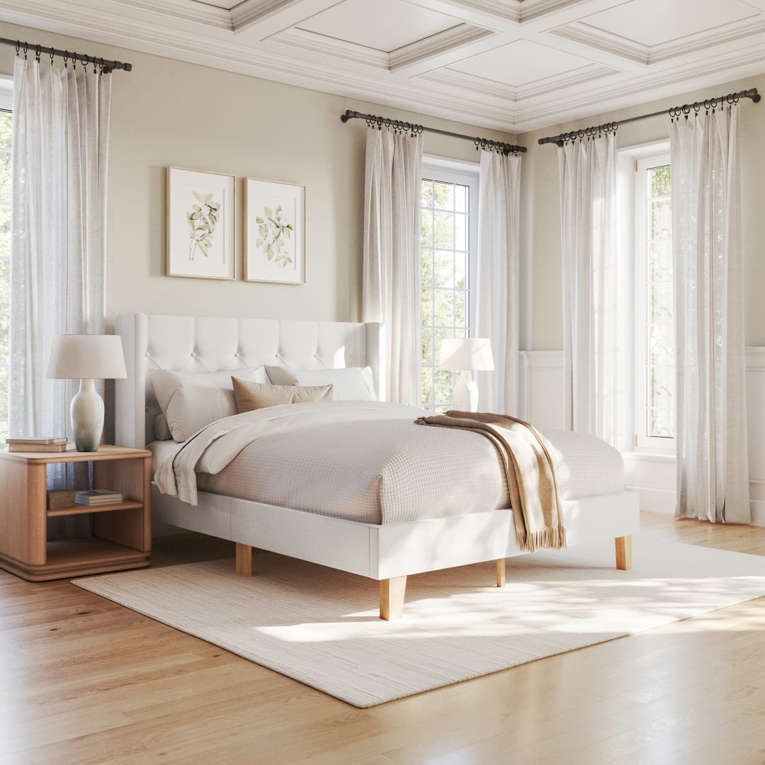 Carmy Queen Upholstered Platform Bed with Tufted Wingback Headboard and Cushioned Siderails, Wood Slat Foundation, No Box Spring Needed, White