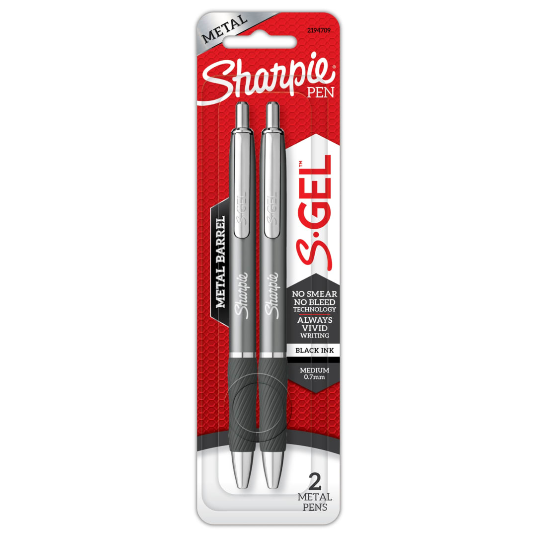 Sharpie® S-Gel, Gel Pens, Sleek Metal Barrel, Gunmetal, Medium Point (0.7mm), Black Ink, 2 Count