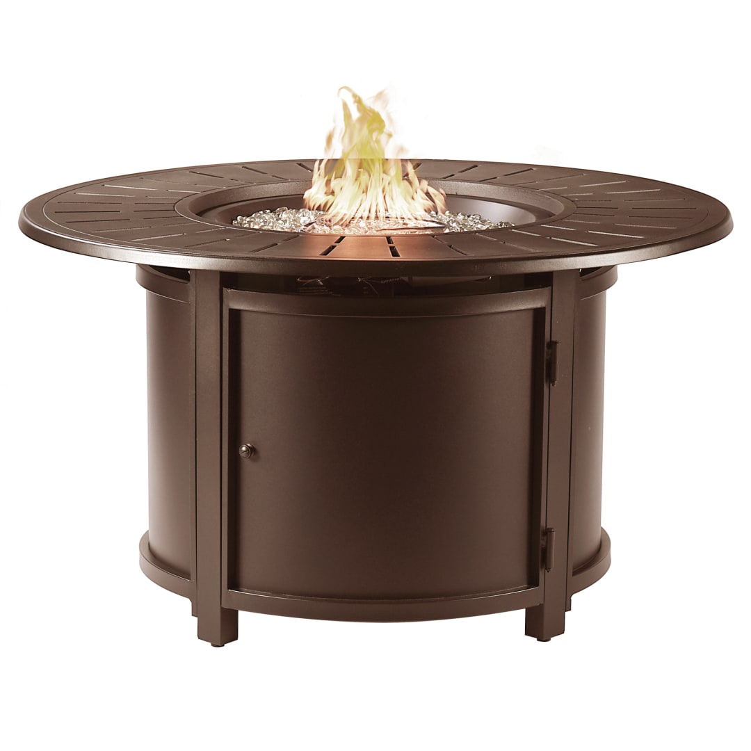 Round 44 in. x 44 in. Aluminum Propane Fire Pit Table with Glass Beads, Two Covers, Lid, 55,000 BTUs in Brown Finish
