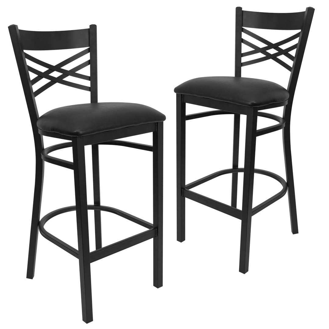 2 Pack HERCULES Series Black ''X'' Back Metal Restaurant Barstool - Black Vinyl Seat