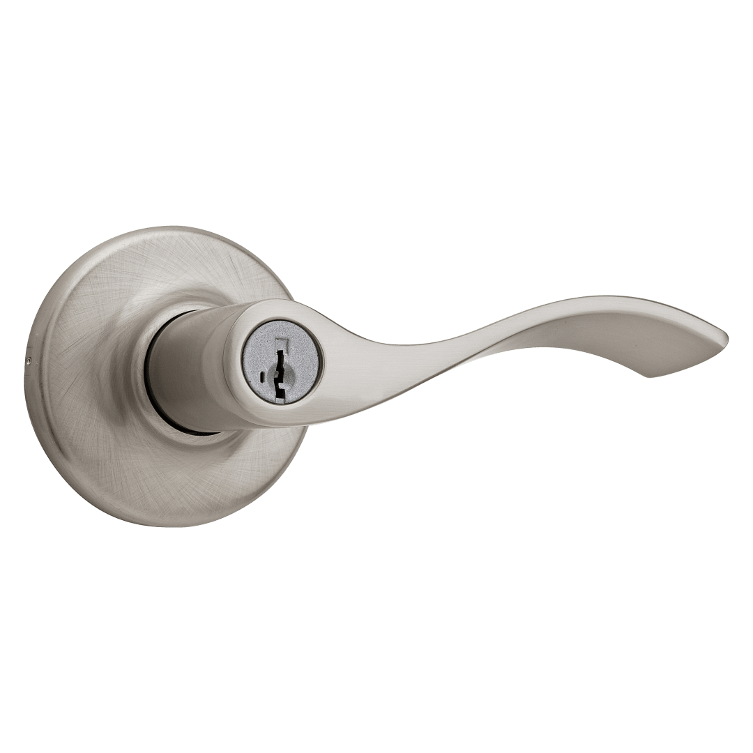 Belmont Entry Lever featuring SmartKey Security™ in Satin Nickel
