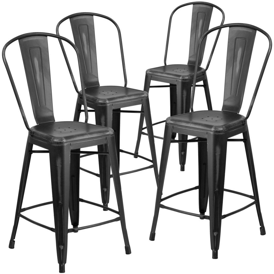 Blake Commercial Grade 4 Pack 24" High Distressed Black Metal Indoor-Outdoor Counter Height Stool with Back