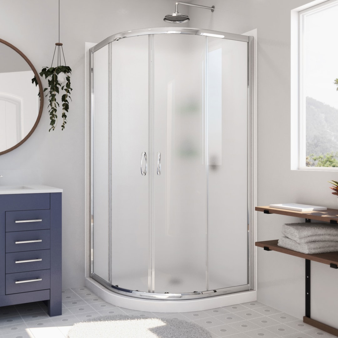 DreamLine Prime 36 inch x 36 inch x 76 3/4 inch H Semi-Frameless Sliding Shower Enclosure in Chrome and Frosted Glass, Shower Base, and Wall Kit in White