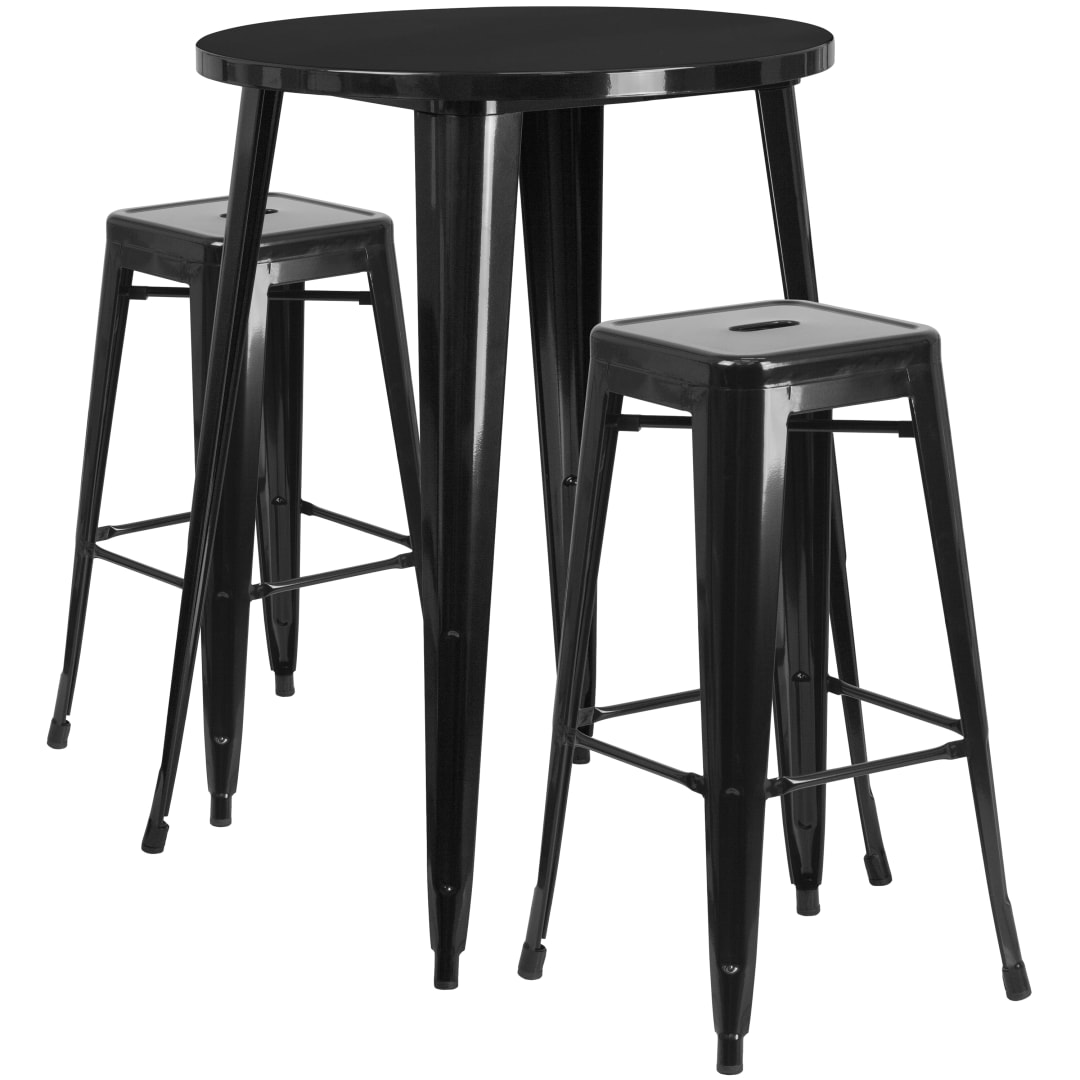 Boyd Commercial Grade 30" Round Black Metal Indoor-Outdoor Bar Table Set with 2 Square Seat Backless Stools