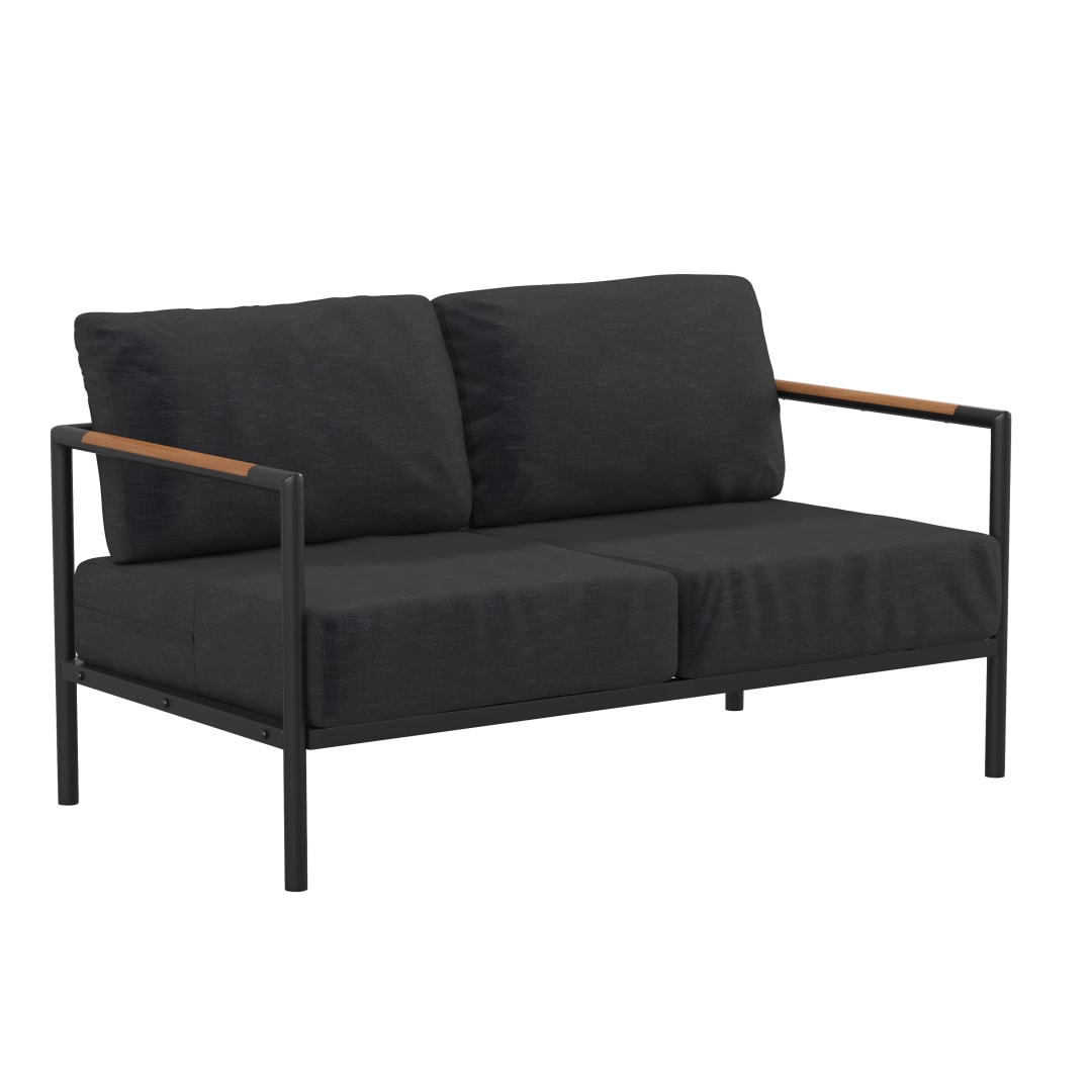 Lea Indoor/Outdoor Patio Loveseat with Cushions - Modern Aluminum Framed Loveseat with Teak Accent Arms, Black-Charcoal Cushions