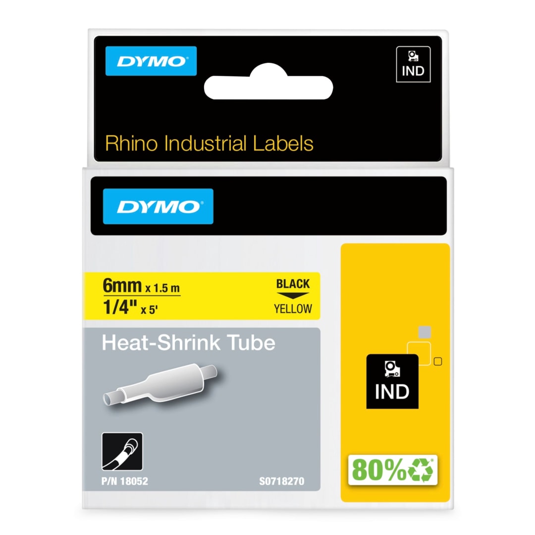 DYMO® Rhino Industrial Heat-Shrink Labels, 1/4" Tube, Black Print on Yellow