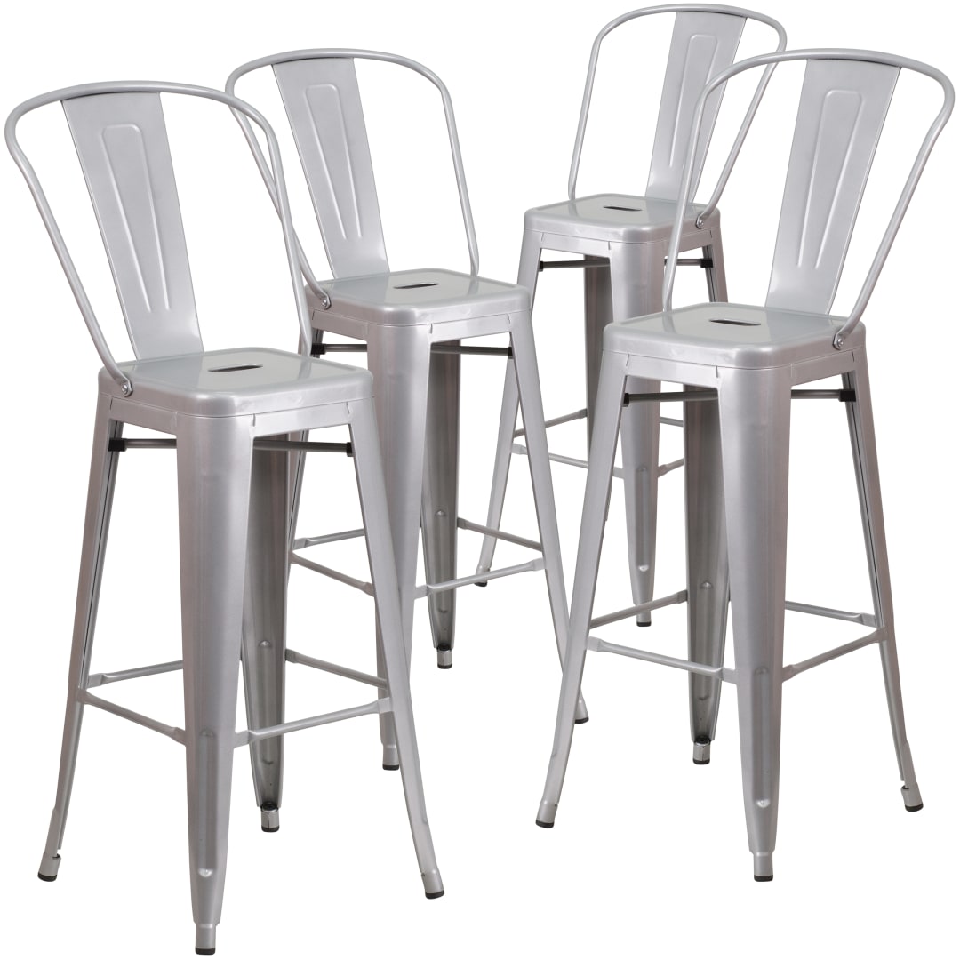 Lily Commercial Grade 4 Pack 30" High Silver Metal Indoor-Outdoor Barstool with Removable Back