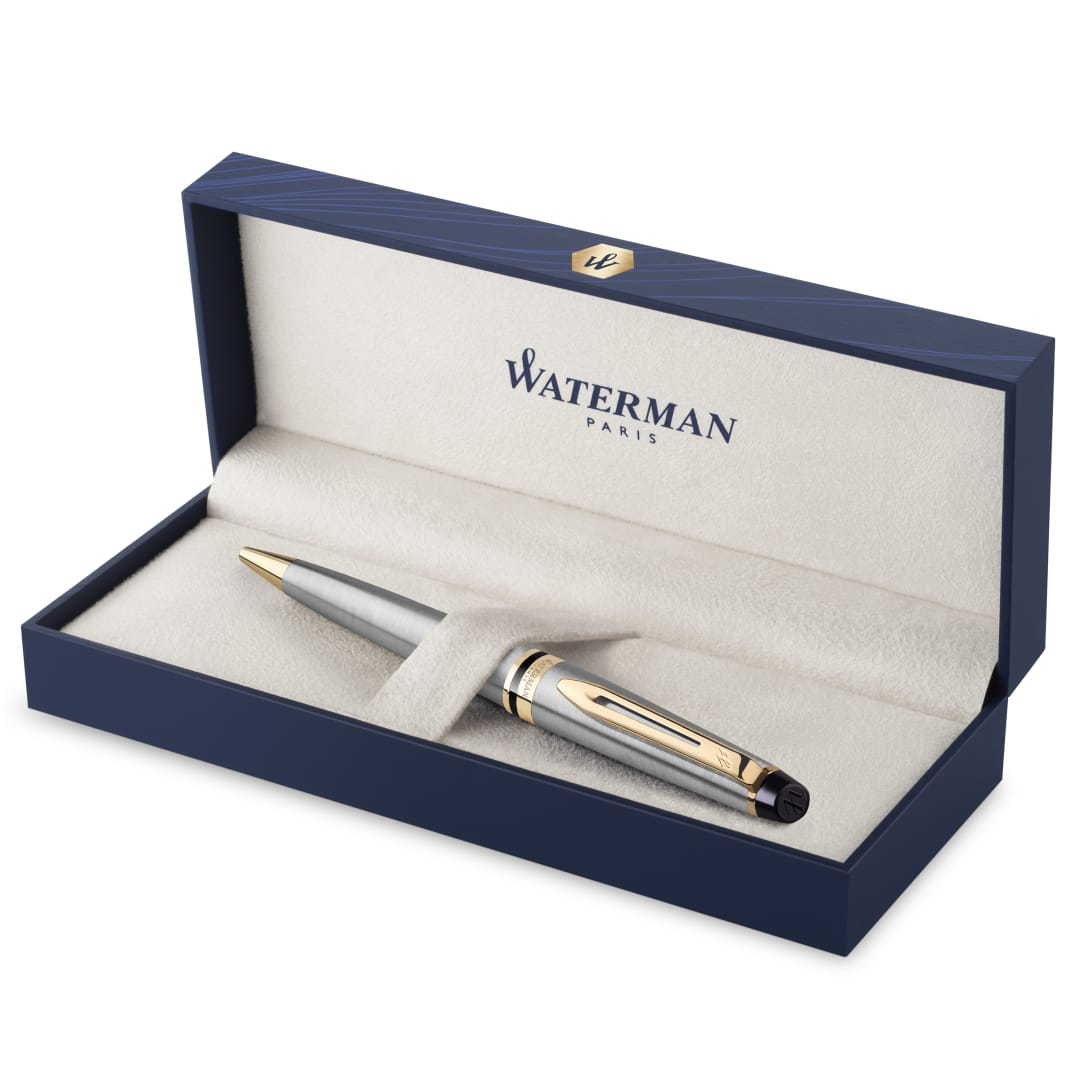 Waterman Expert bolígrafoacero inoxidable con adorno de oro de 23 quilatespunta media con cartucho de tinta azulestuche de regalo
