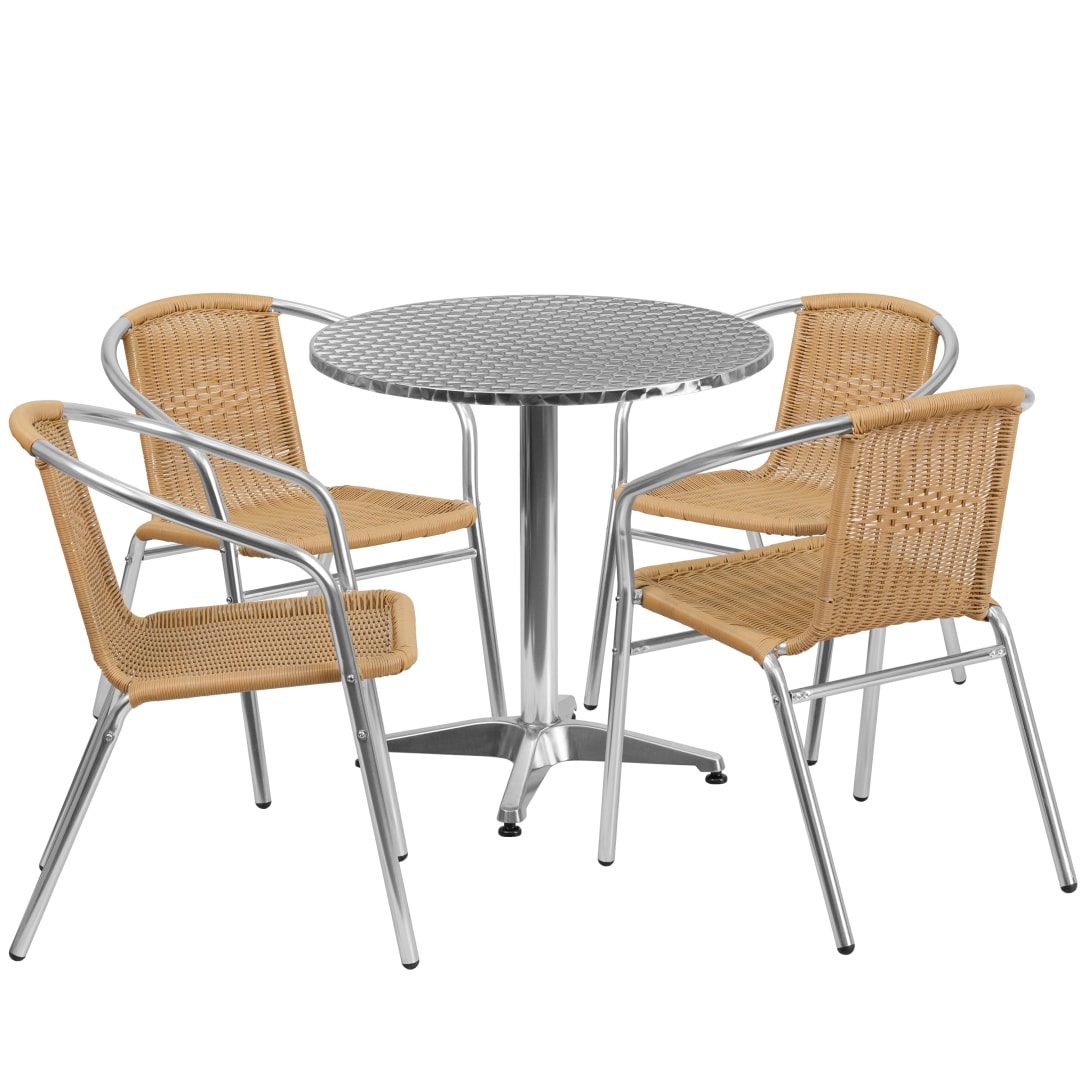 Lila 27.5'' Round Aluminum Indoor-Outdoor Table Set with 4 Beige Rattan Chairs
