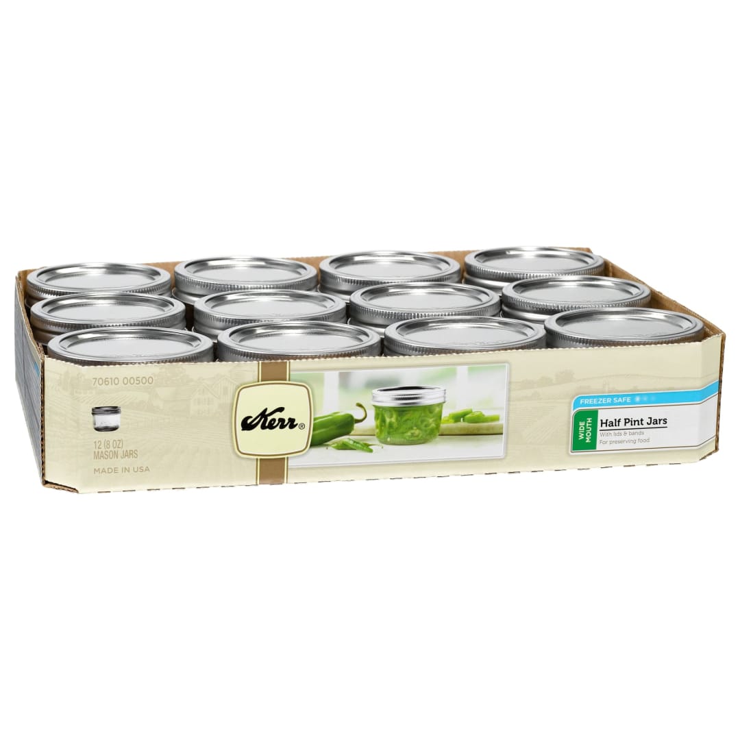 Kerr Wide Mouth Half-Pint Glass Mason Jars with Lids and Bands, 8oz., 12 Count