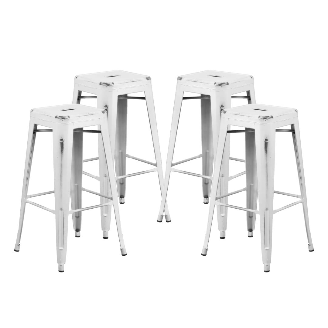 Kai Commercial Grade 4 Pack 30" High Backless Distressed White Metal Indoor-Outdoor Barstool