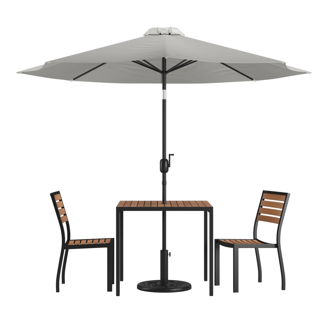 Lark 5 Piece All-Weather Deck or Patio Set-2 Stacking Faux Teak Chairs, 35" Square Faux Teak Table, Gray Umbrella & Base
