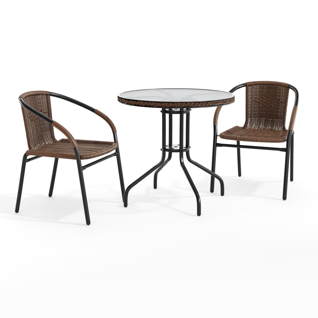 Lila 28'' Round Glass Metal Table with Dark Brown Rattan Edging and 2 Dark Brown Rattan Stack Chairs