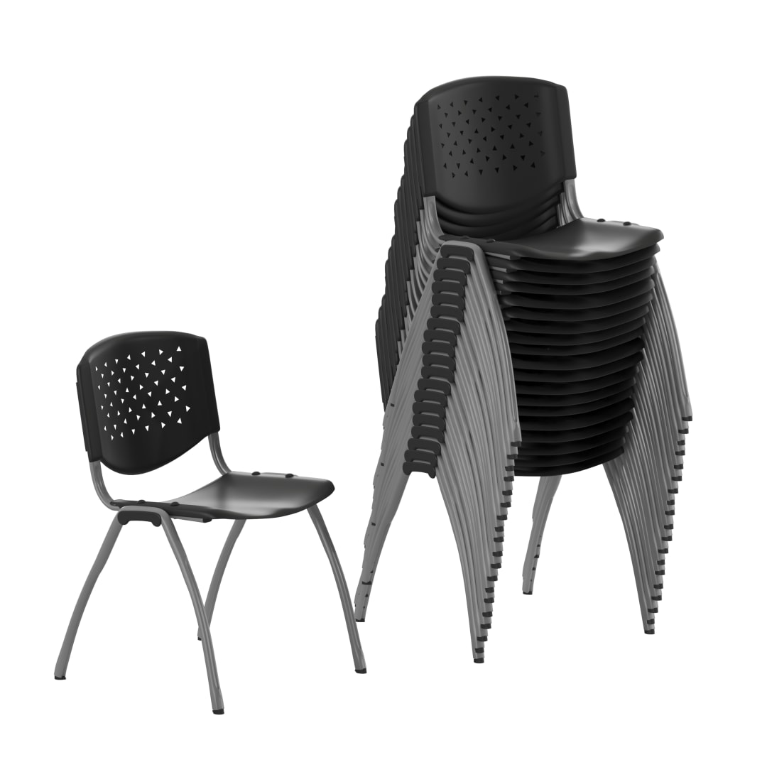 20 Pack HERCULES Series 880 lb. Capacity Black Plastic Stack Chair with Titanium Gray Powder Coated Frame