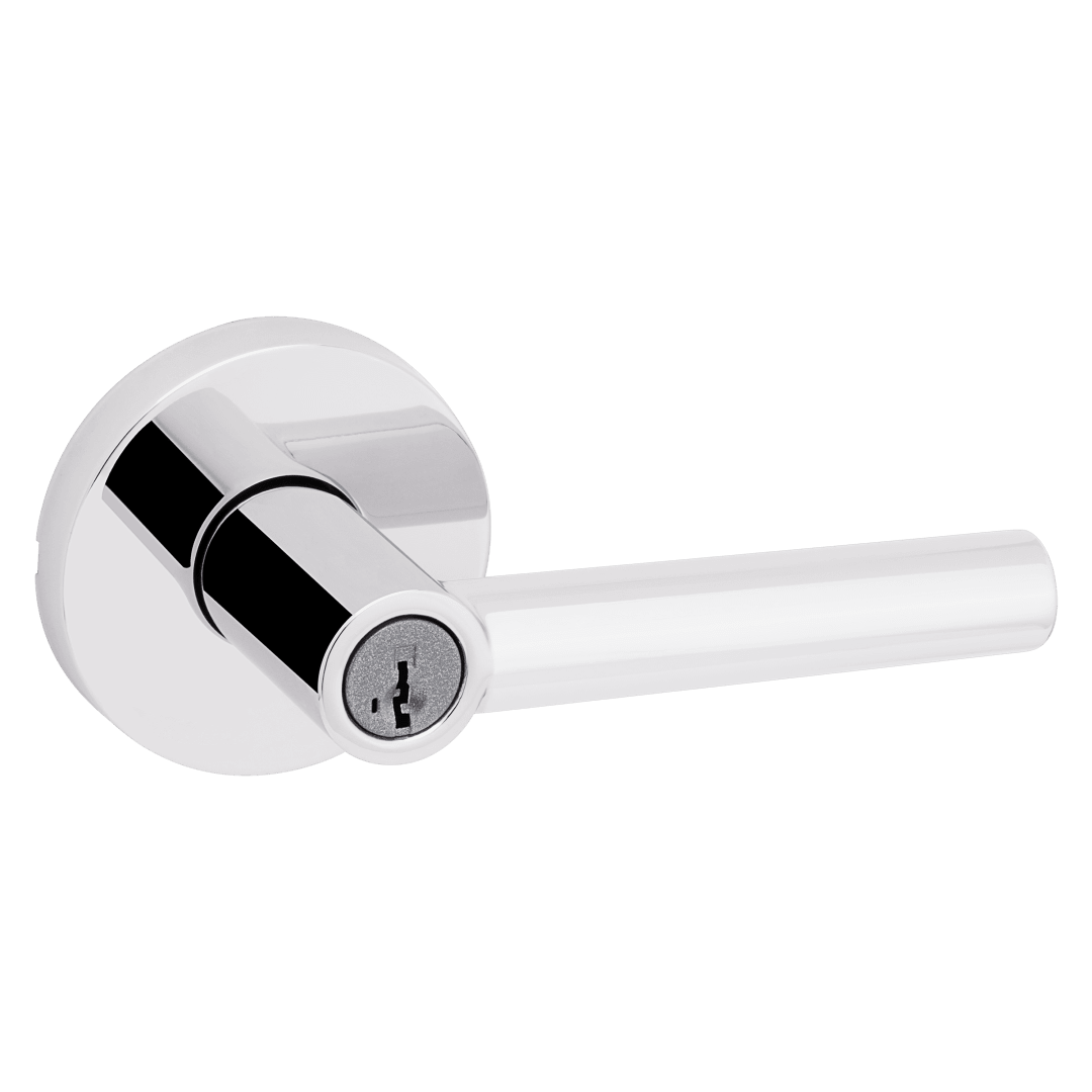 Milan Keyed Entry Lever with Round Rose featuring SmartKey Security™ in Polished Chrome