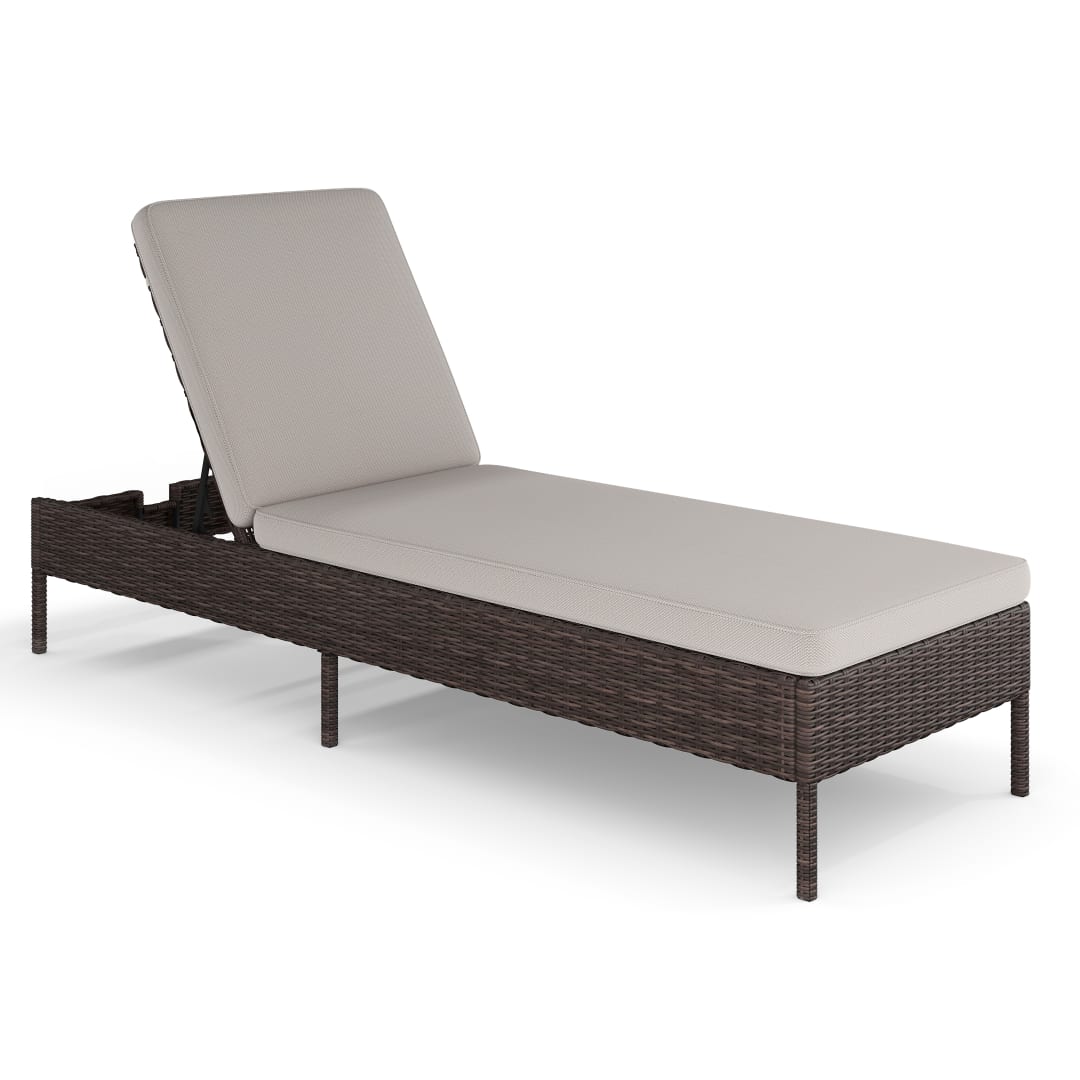 Bedford Indoor-Outdoor Adjustable Patio Chaise Lounge Chair in Brown Rattan Wicker with Tan All-Weather Cushions