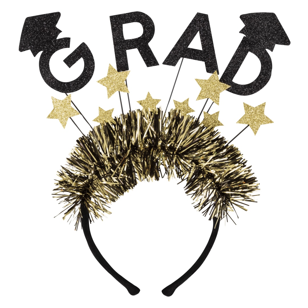 Black and Gold "Grad" Star Felt Headband with Tinsel Fringe
