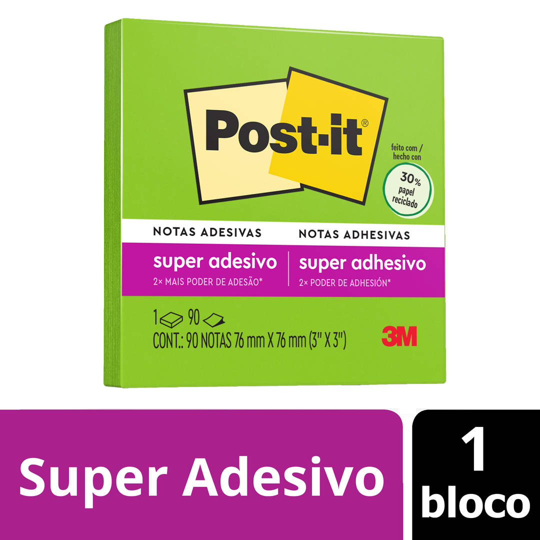 Bloco de Notas Super Adesivas Post-it®, Verde Limeade, 76 mm x 76 mm, 90 Folhas