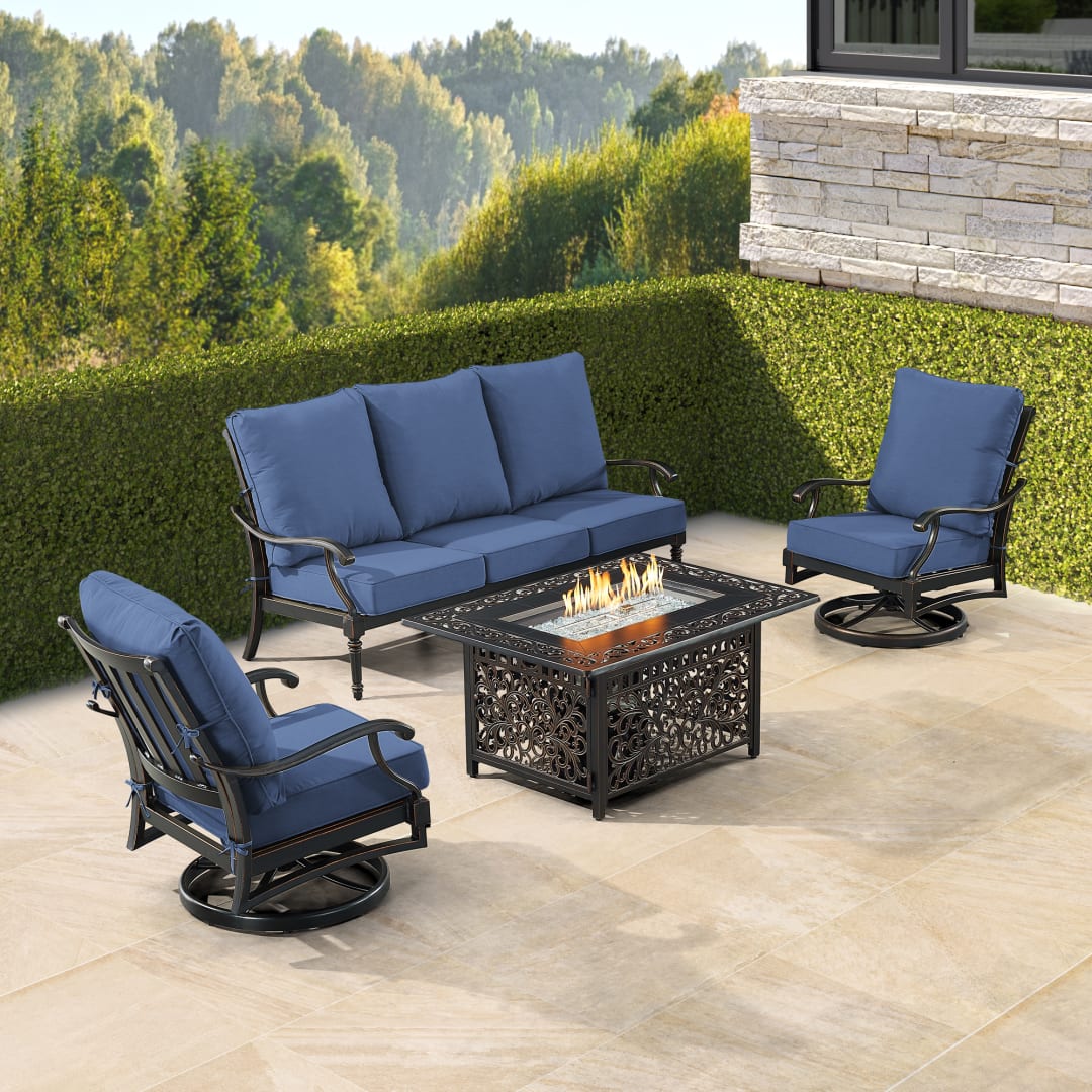 Black Aluminum Patio Fire Table Set with Deep Seating Sofa with Cushion and Two Club Chairs