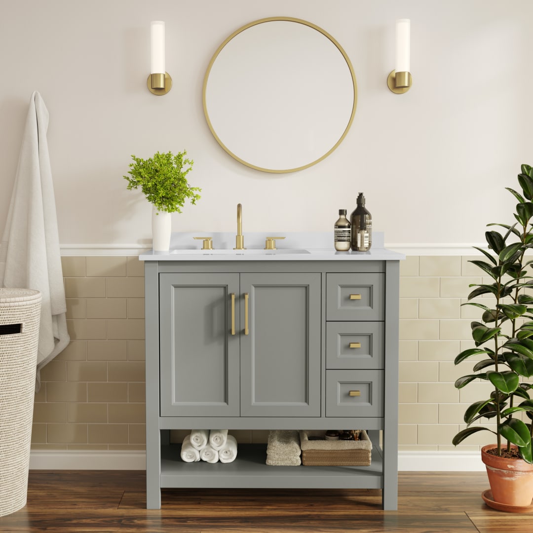 Vega 36" Bathroom Vanity with Sink, Cabinet with Gold Hardware, Soft Close Doors, Open Shelf &amp; 3 Drawers, Carrara Marble Finish Counter, Gray/White