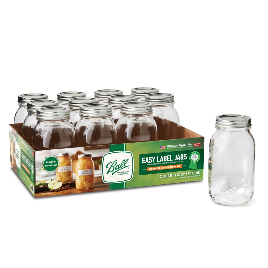 Ball® Easy-Label Smooth-Sided Mason Jars, 32-Oz. Regular Mouth Glass Jars, Quart-Size Mason Canning Jars, 12 Pack