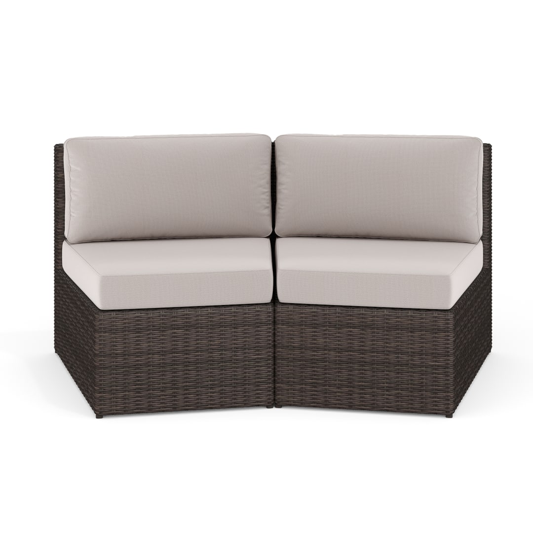 Bedford Set of 2 Indoor-Outdoor Modular Patio Curved Sectional Sofa Seats in Brown Rattan Wicker with Tan All-Weather Cushions