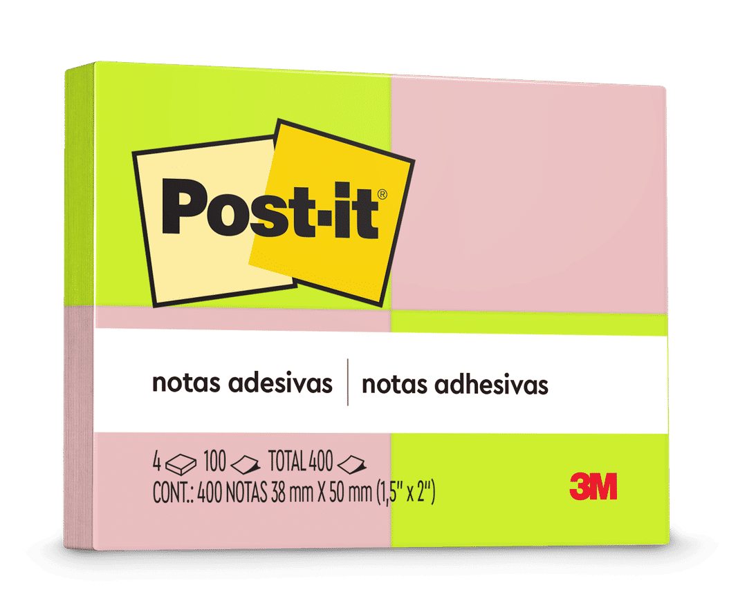 Bloco de Notas Adesivas Post-it®, Neon, 2 Cores, 38 mm x 50 mm, 4 Blocos/ 100 Folhas