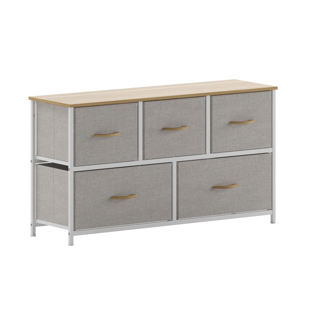Harris 5 Drawer Vertical Storage Dresser with White Cast Iron Frame, Oak Wood Top and Beige Easy Pull Fabric Drawers with Natural Wooden Handles