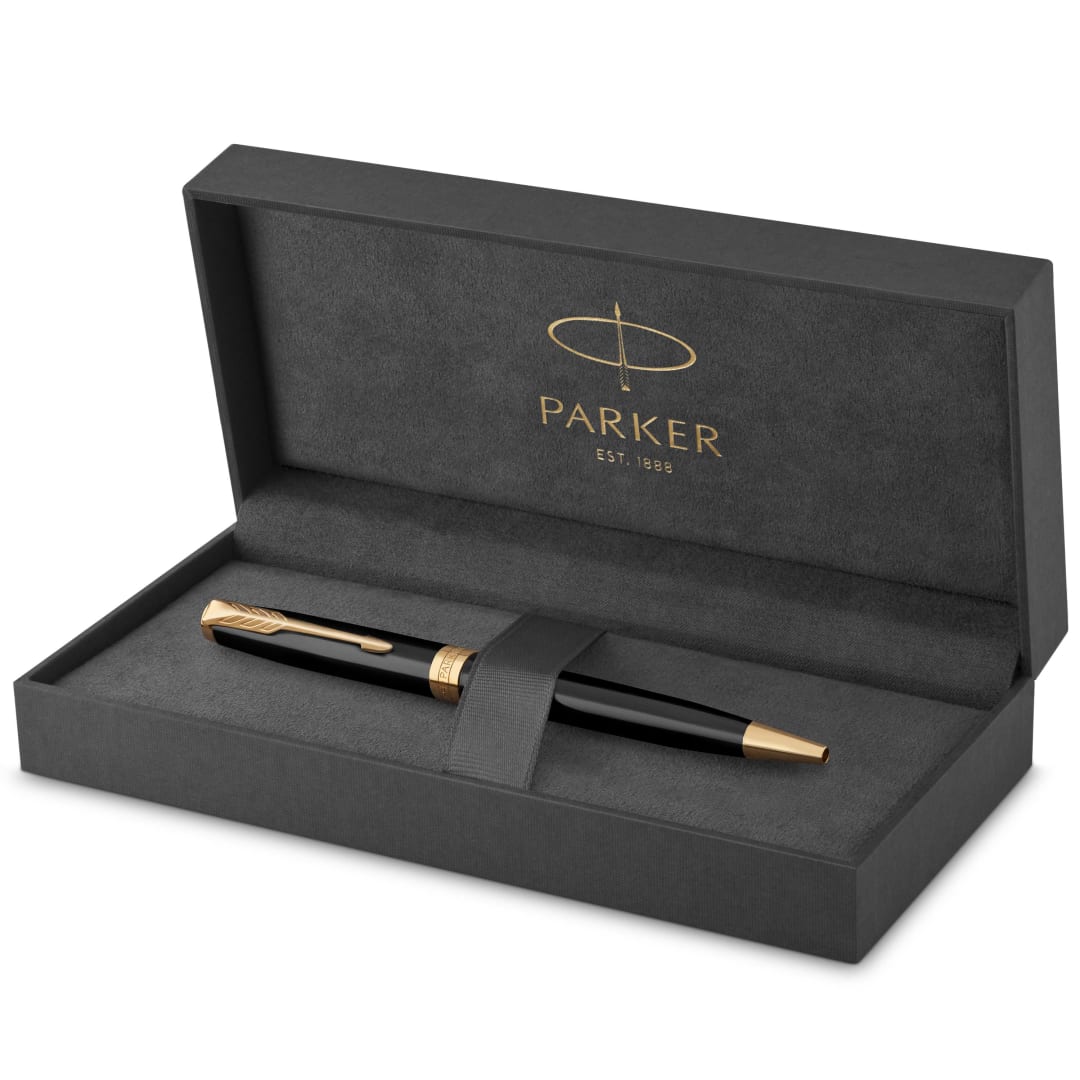Parker Sonnet bolígrafo | lacado en negro con adorno dorado | punta media | en estuche de regalo