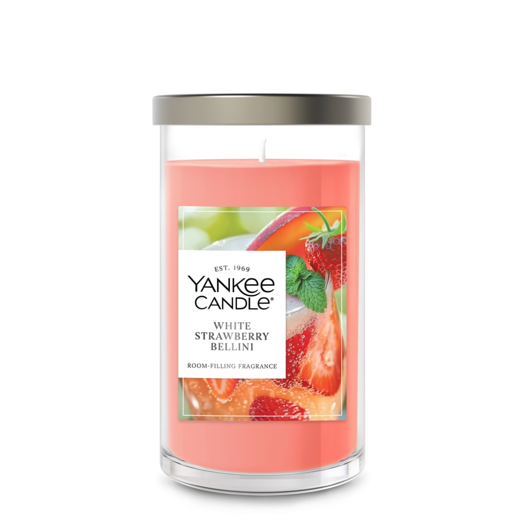 Yankee Candle® Medium Pillar Scented Candle with up to 115 Hour Burn Time, Premium Plant Wax Blend for Consistent Burn, 14.25 oz Pillar Candle with Room Filling Fragrance, White Strawberry Bellini