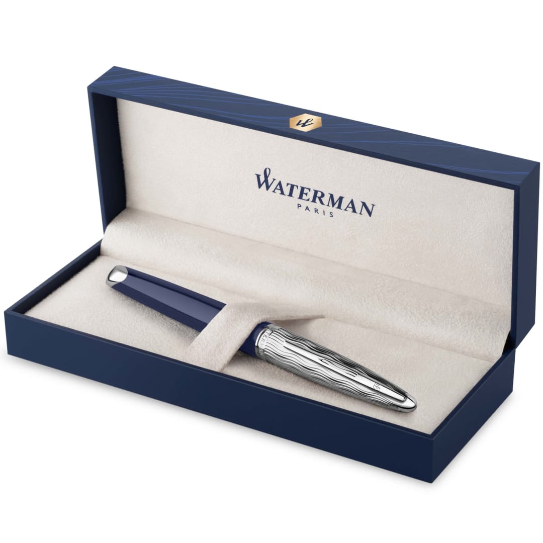 Waterman Carne Fountain Pen | Metal & Blue Lacquer | Chiselled Cap | 18K Gold Medium Nib | Blue Ink | Gift Box