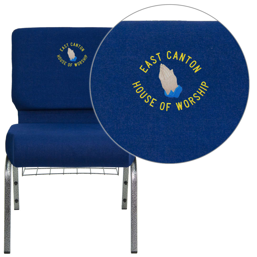 Embroidered HERCULES Series 21''W Church Chair in Navy Blue Fabric with Cup Book Rack - Silver Vein Frame