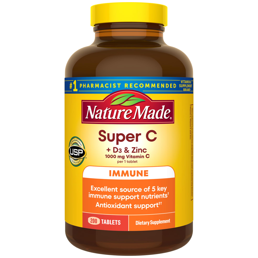 Nature Made Super C Tablets with Vitamin D3 and Zinc, Adult Vitamin C 1000mg Immune Support Supplement, 200 Tablets for Daily Immune Support, 200 Day Supply