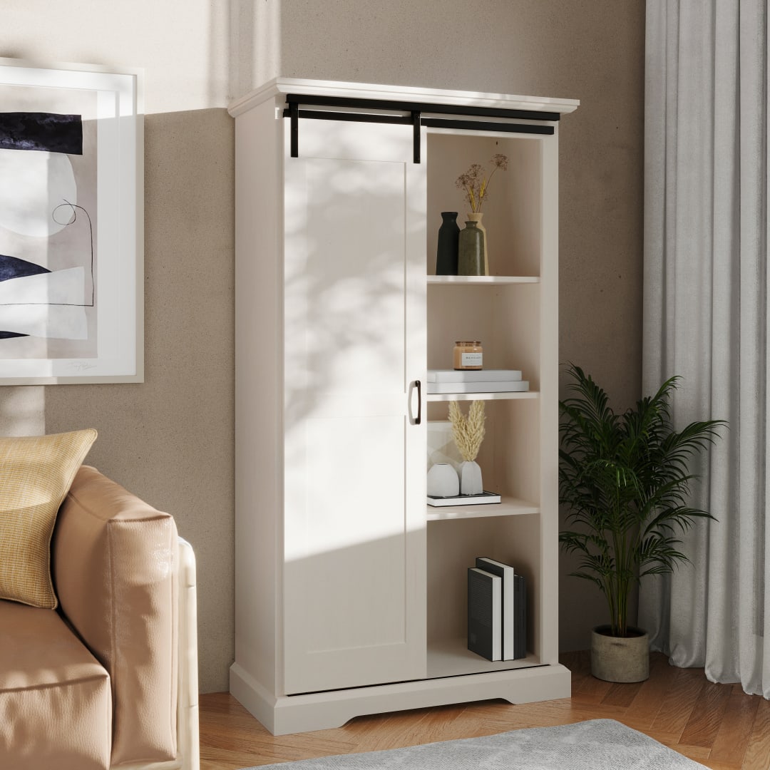 Harrison 36" Wide Rustic Farmhouse Storage Cabinet Bookcase with Sliding Barn Door and 4 Adjustable and 2 Fixed Shelves in White